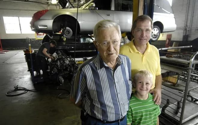 Three generations of the Clements family in the downtown Augusta shop in 2007: John Clements, his son Aaron, and Aaron's son Brad