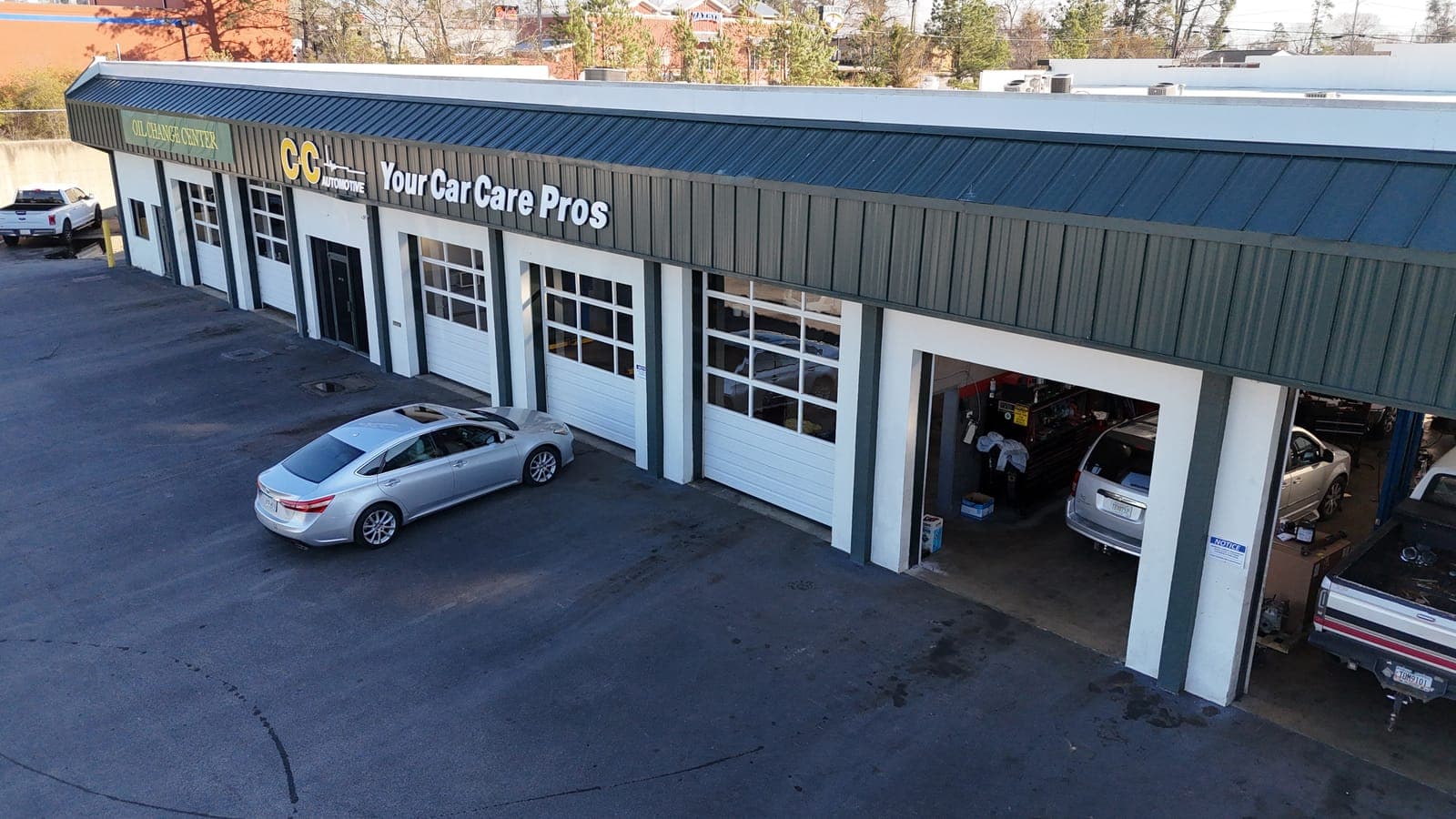 Aerial view of the C&C Automotive shop on Washington Road in Martinez