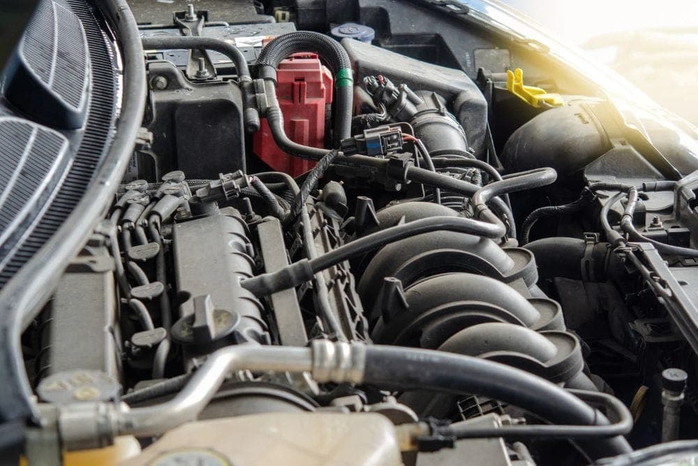 Open engine bay during maintenance and inspection