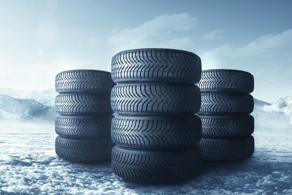 New tires lined up at the auto repair shop